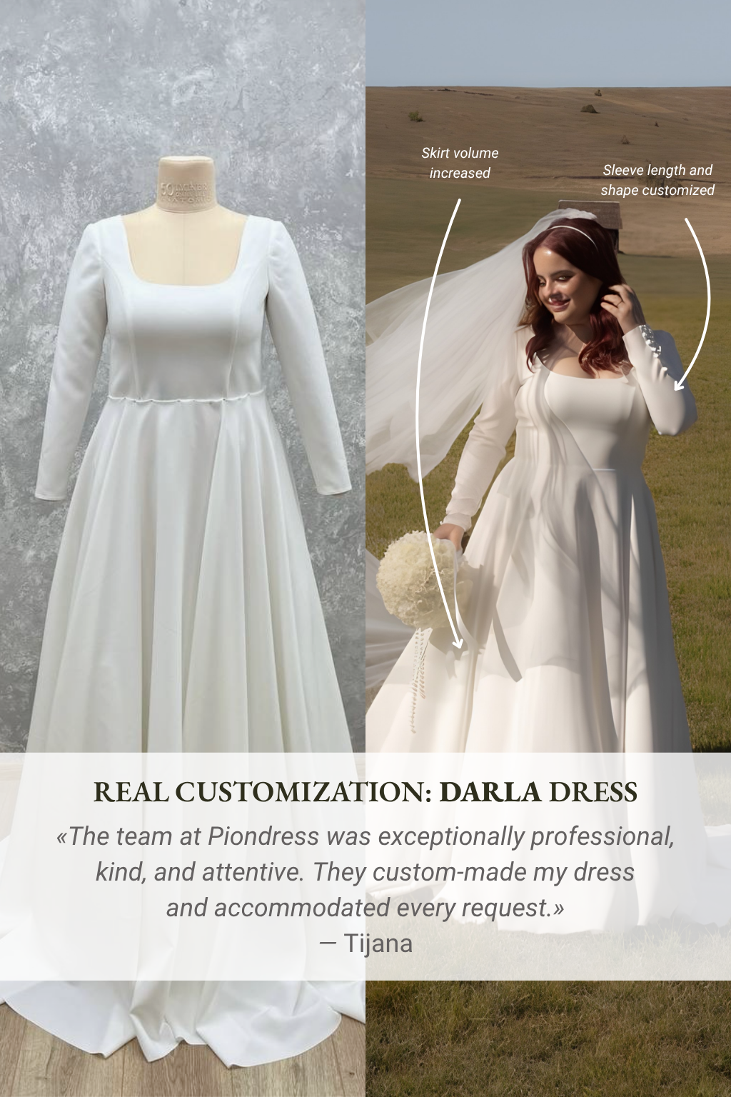 Darla wedding dress with custom sleeves — Piondress customization