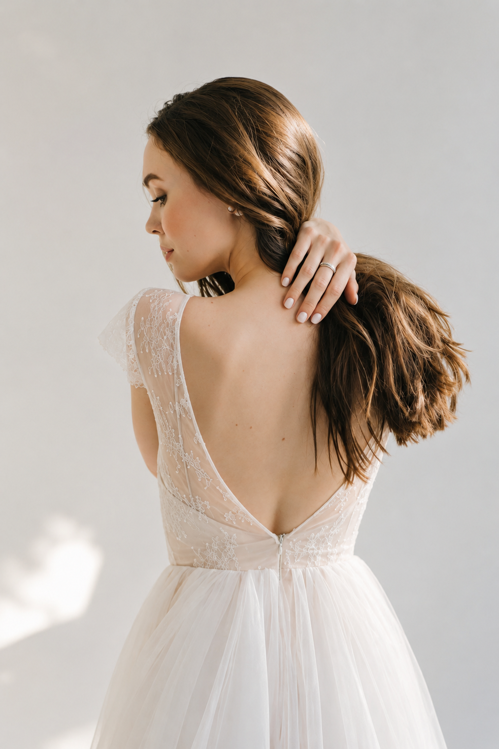 Juliana lace tulle wedding dress with cap sleeves