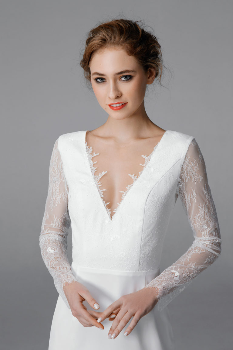 Satin Wedding Dress With Long Lace Sleeves Low Back Lace Wedding Gown Simple Bridal Dress 7336