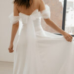 Off the shoulder satin wedding dress, sweetheart neckline wedding dress with tulle bow - Erika