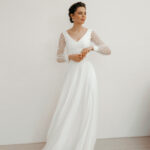Simple v-neck wedding dress, Modern minimalist wedding dress, A-line wedding dress – Delia