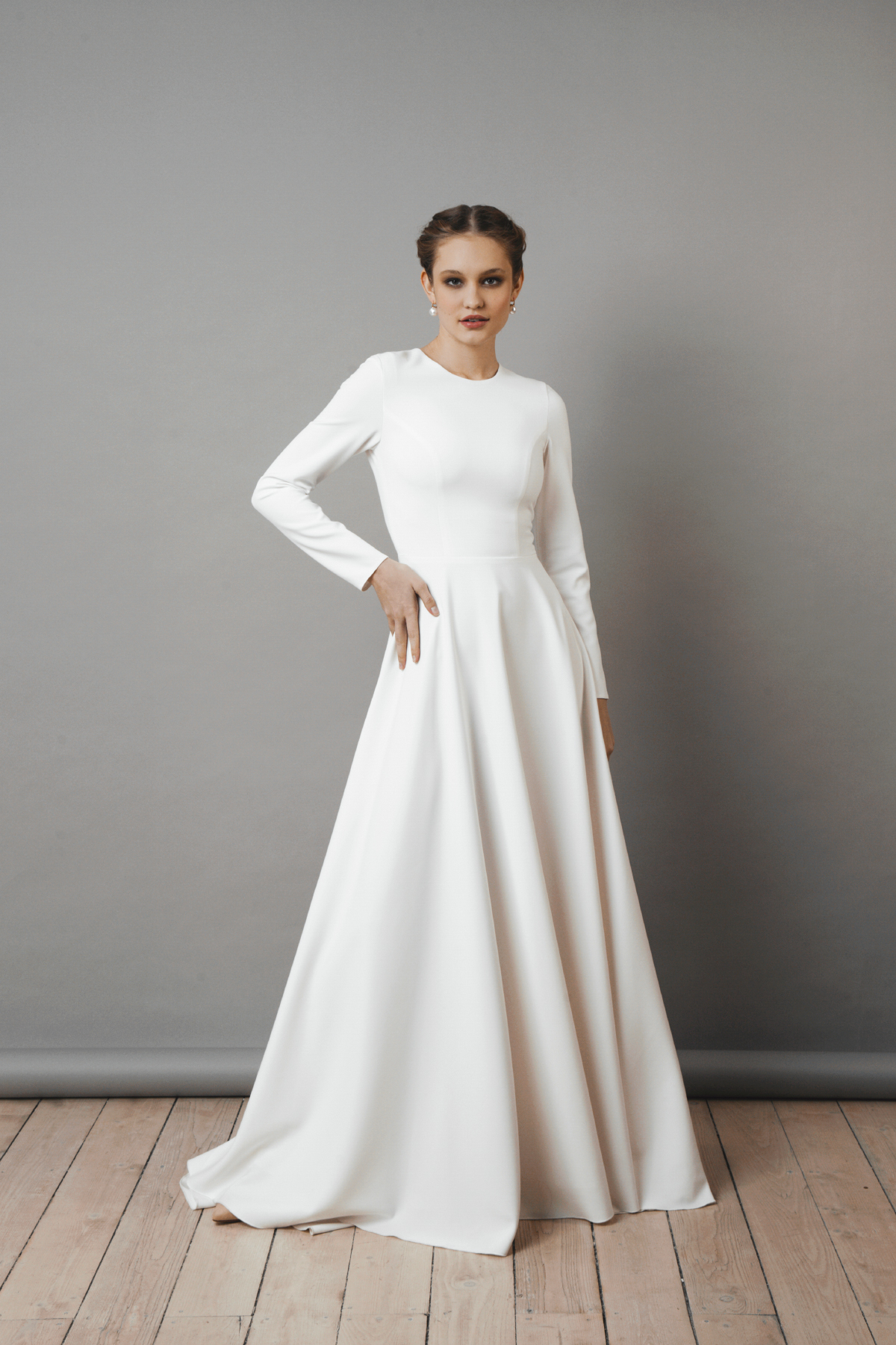 Modest A-Line Long Sleeve Floor Length Train Wedding Dress Simple Casual  Chiffon Bateau V-Back Country Gown - June Bridals