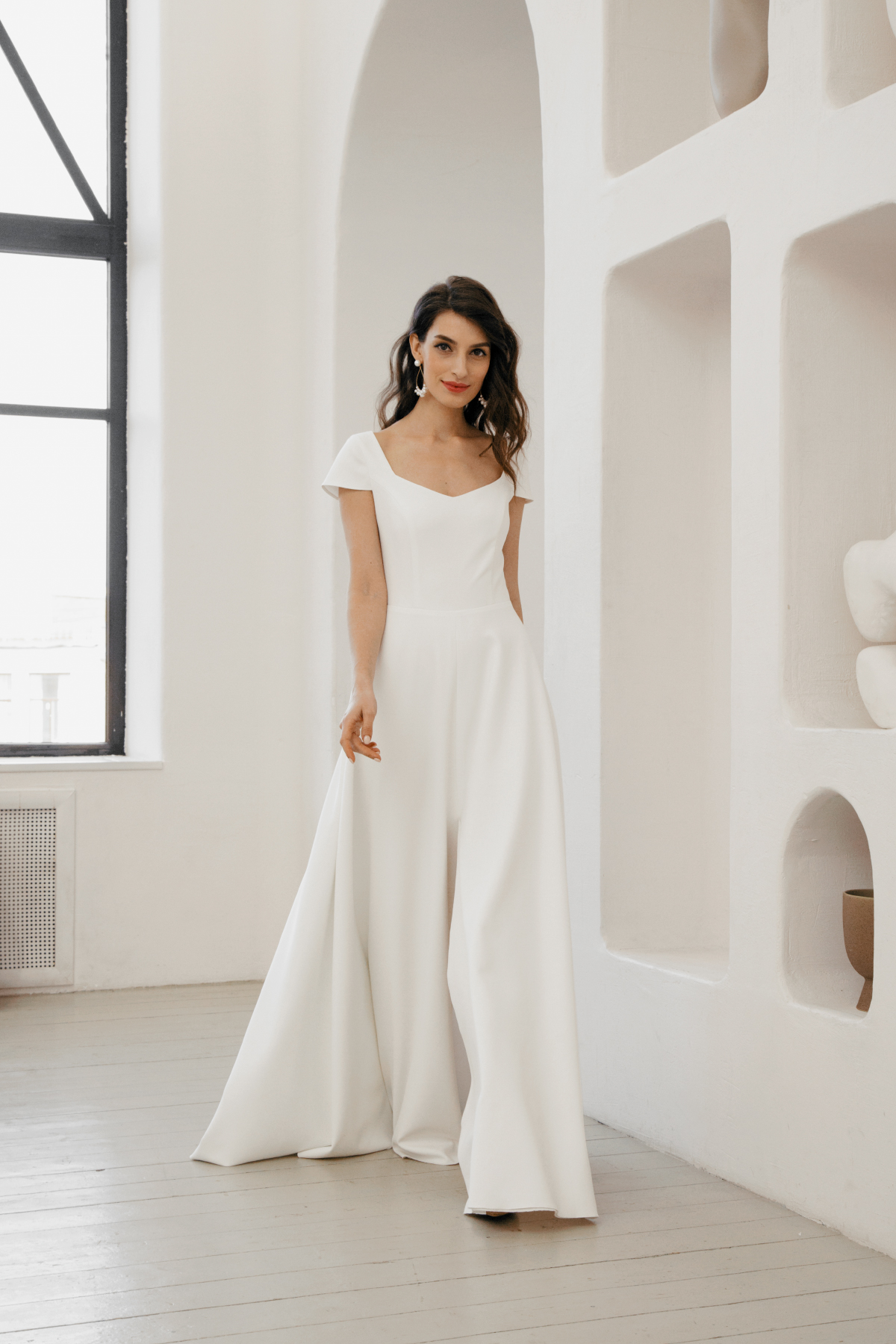 Simple crepe wedding gown, minimalistic short sleeve wedding dress