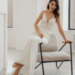 Simple mermaid wedding dress, fit and flare minimalist wedding dress, backless and v-neckline bridal dress – Megan