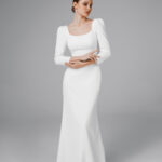 Square neck long sleeve wedding dress, minimalist low back bridal dress – Viola