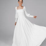 Square neckline simple and elegant wedding dress, minimalist backless wedding dress with sleeves – Darla