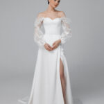 Satin wedding dress with tulle detachable sleeves, a-line off the shoulder wedding dress – Loretta