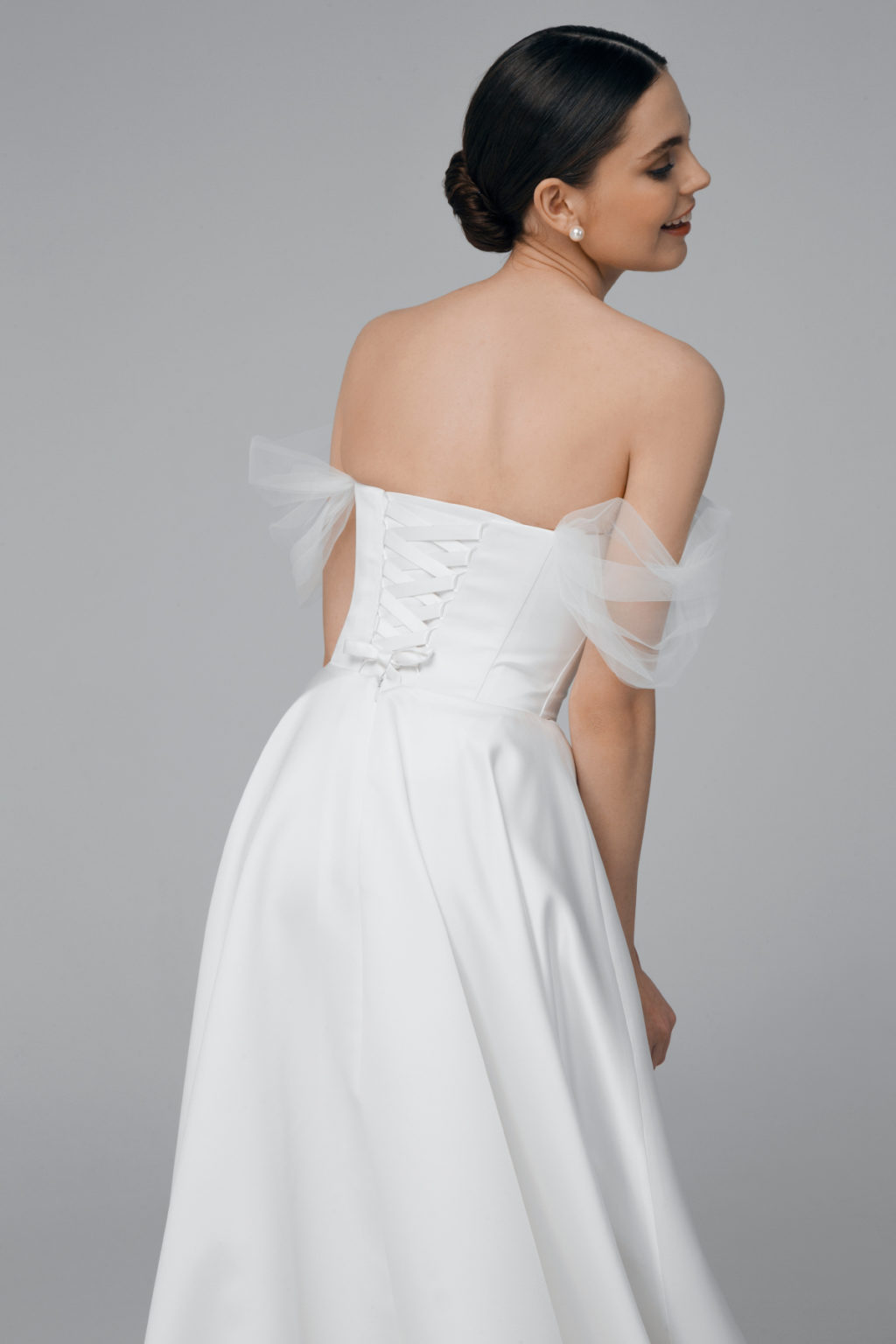 Off the shoulder satin wedding dress