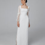 Long sleeve minimalist crepe and lace wedding dress, square neckline low back wedding dress – Leighton