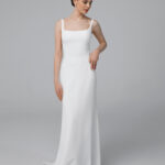 Square neck crepe wedding dress, minimalist low back fit and flare bridal dress | Patricia