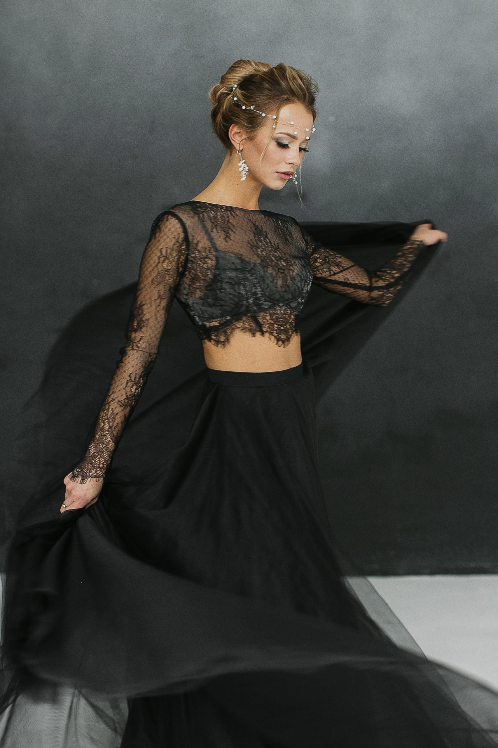 Black crop top wedding dress, black long sleeve lace two piece