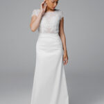 Short sleeve elegant satin wedding dress, fit and flare minimalist bridal gown - Sylvia