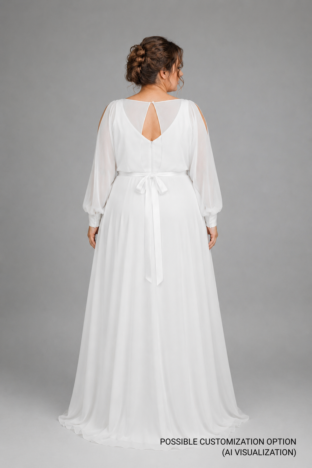 Back view of chiffon wedding dress with cold-shoulder sleeves, V-back keyhole, and satin waist bow – Lima by Piondress