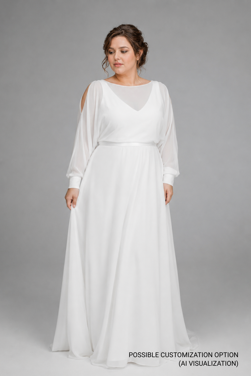 Chiffon wedding dress with cold-shoulder sleeves and V-neckline