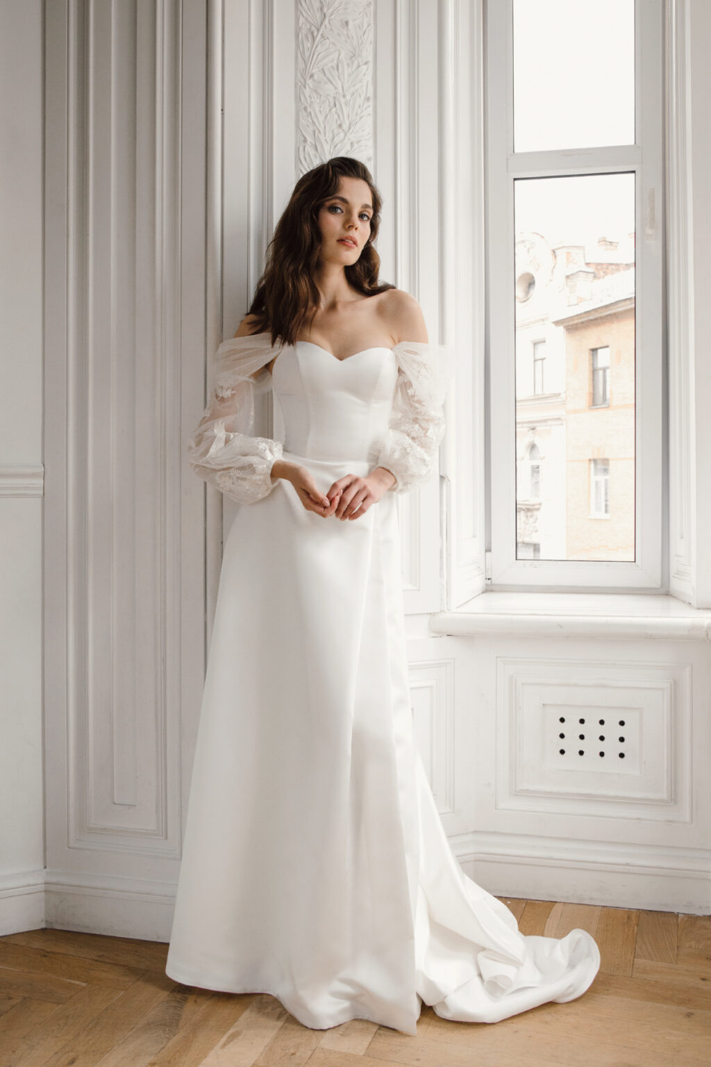 Off the shoulder satin wedding dress