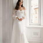 Off the shoulder satin wedding dress with detachable lace sleeves – Loretta