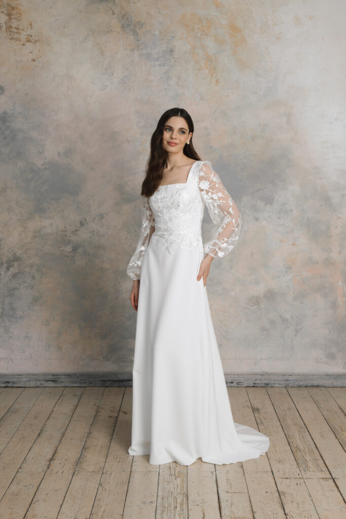 Square neck wedding dress with floral puff sleeves