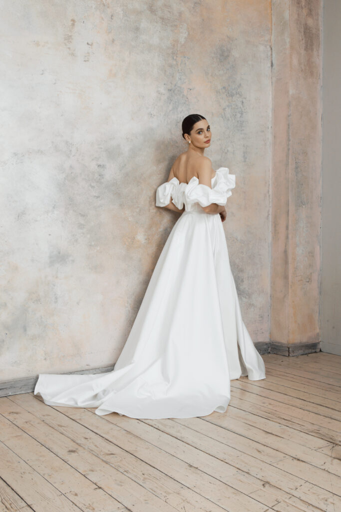 Off-The-Shoulder Sleeveless Satin Wedding Dress Split Front Chic A-line