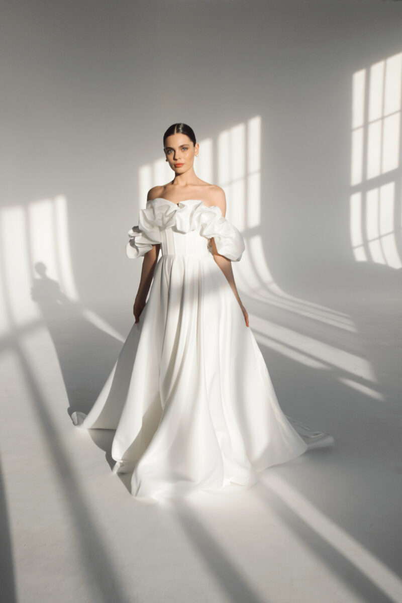 Off the shoulder satin wedding dress
