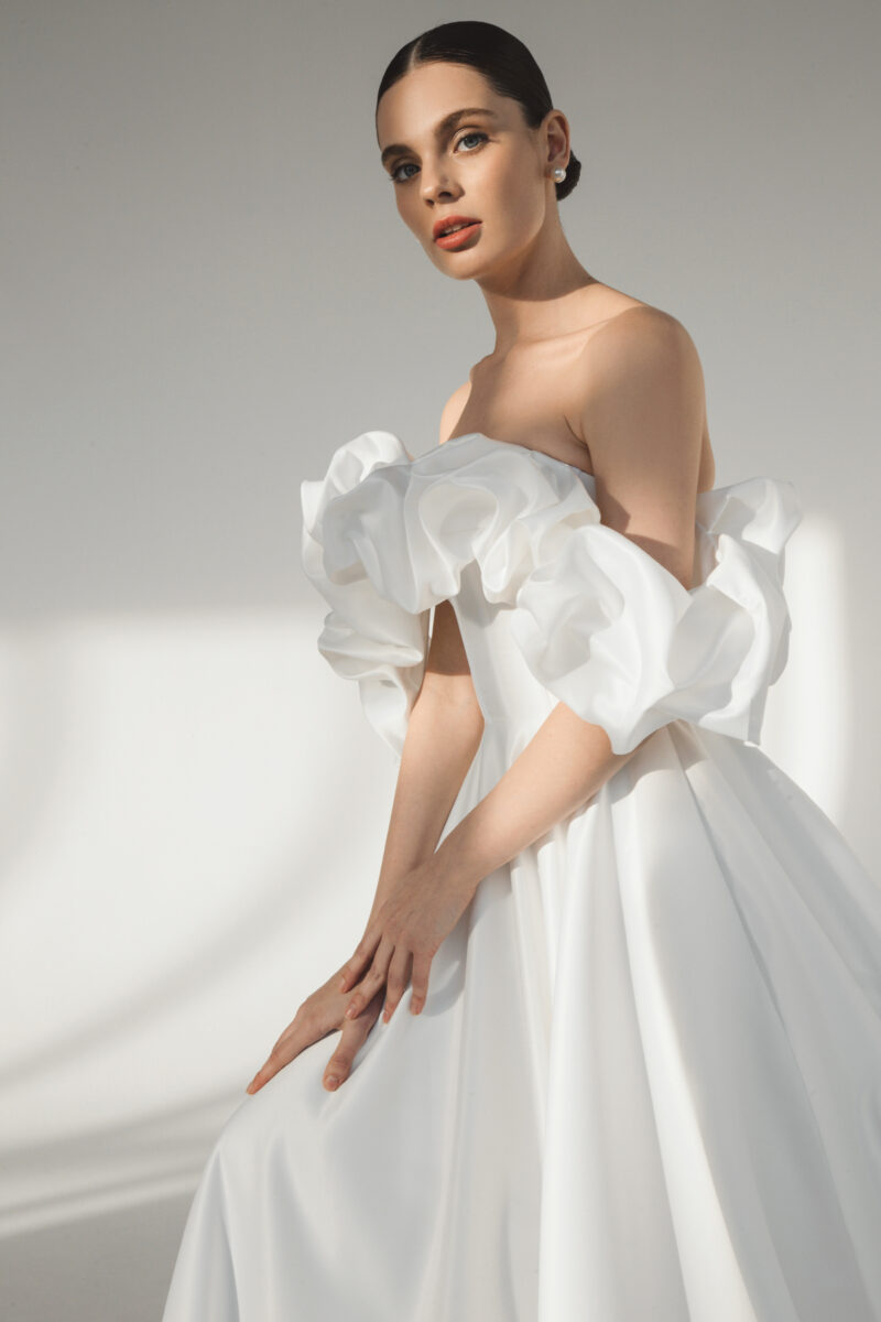 Off the shoulder and sleeveless satin wedding dress main image 0