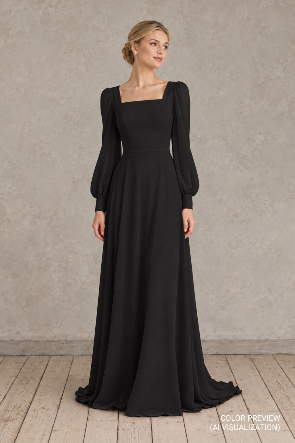 Luise black floor-length chiffon wedding dress with square neckline, long bishop sleeves, fitted waist and flowing A-line skirt – digital color preview