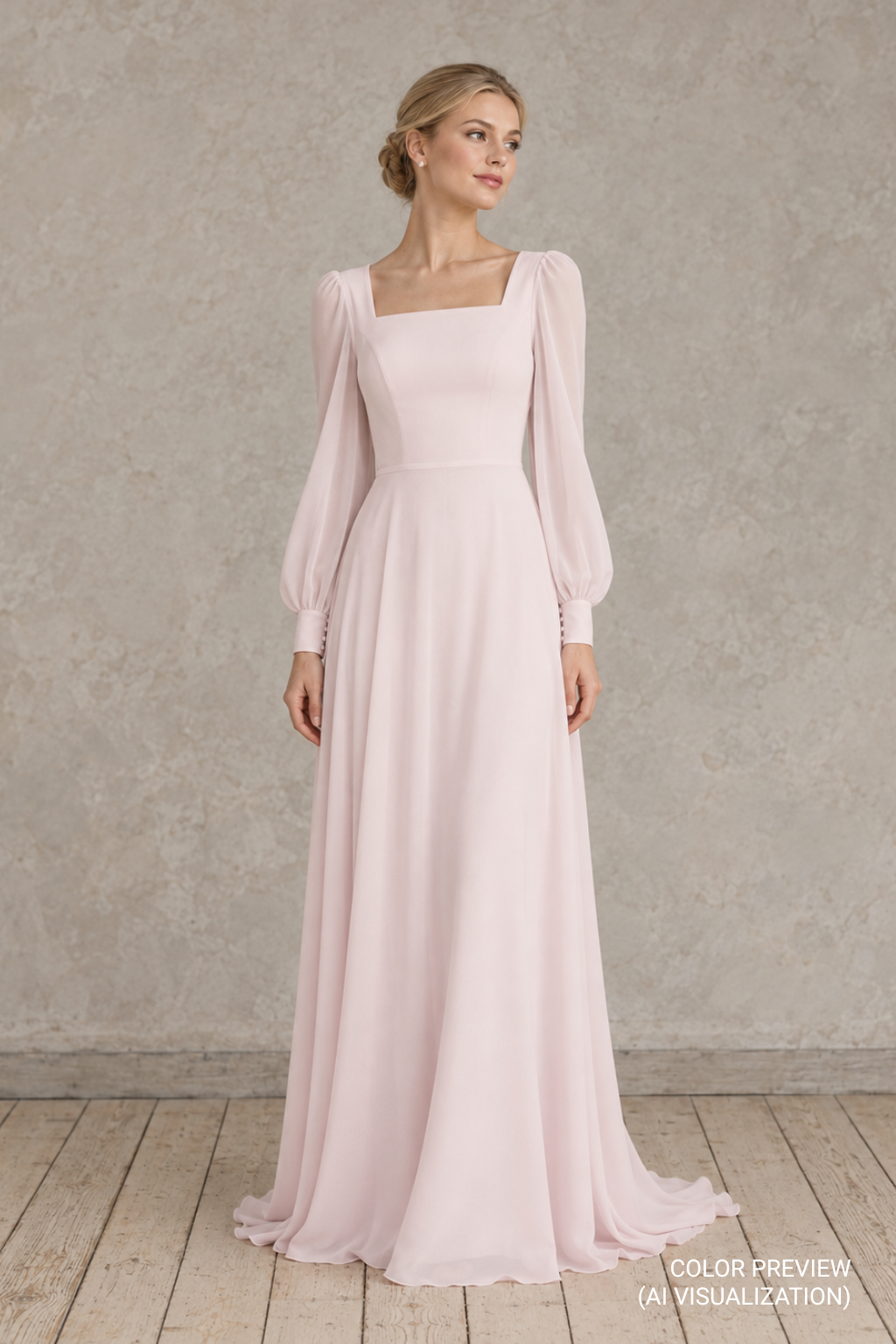 Luise blush pink floor-length chiffon wedding dress with square neckline, long bishop sleeves, fitted waist and flowing A-line skirt – digital color preview