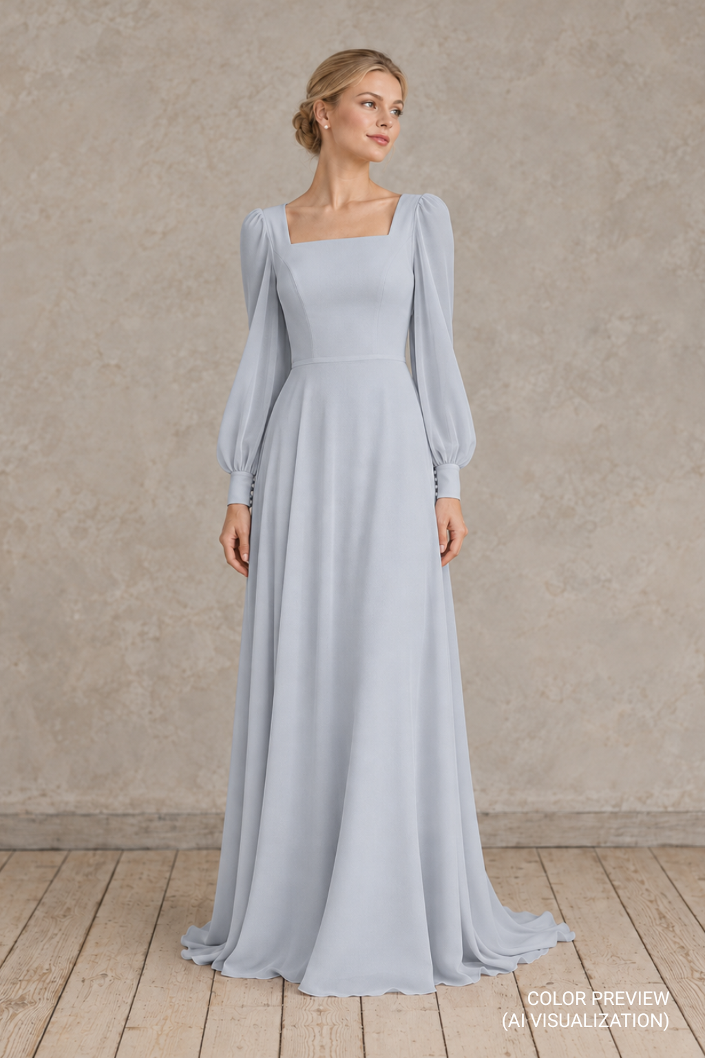Discover the Luise blush pink chiffon wedding dress by Piondress, presented in a delicate pastel pink color preview. This romantic floor-length A-line bridal gown features an elegant square neckline, long bishop sleeves with fitted cuffs, a defined waist and a beautifully flowing chiffon skirt with a graceful train. The soft blush pink shade offers a feminine alternative to traditional white wedding dresses, making this design a beautiful inspiration for spring weddings, garden ceremonies, romantic outdoor celebrations and intimate weddings. Perfect for brides seeking a blush pink wedding dress with long sleeves, a minimalist square neck bridal gown or an elegant floor-length chiffon wedding dress. Explore available color customization options at Piondress. AI-generated color visualization; final shade and availability are subject to confirmation.