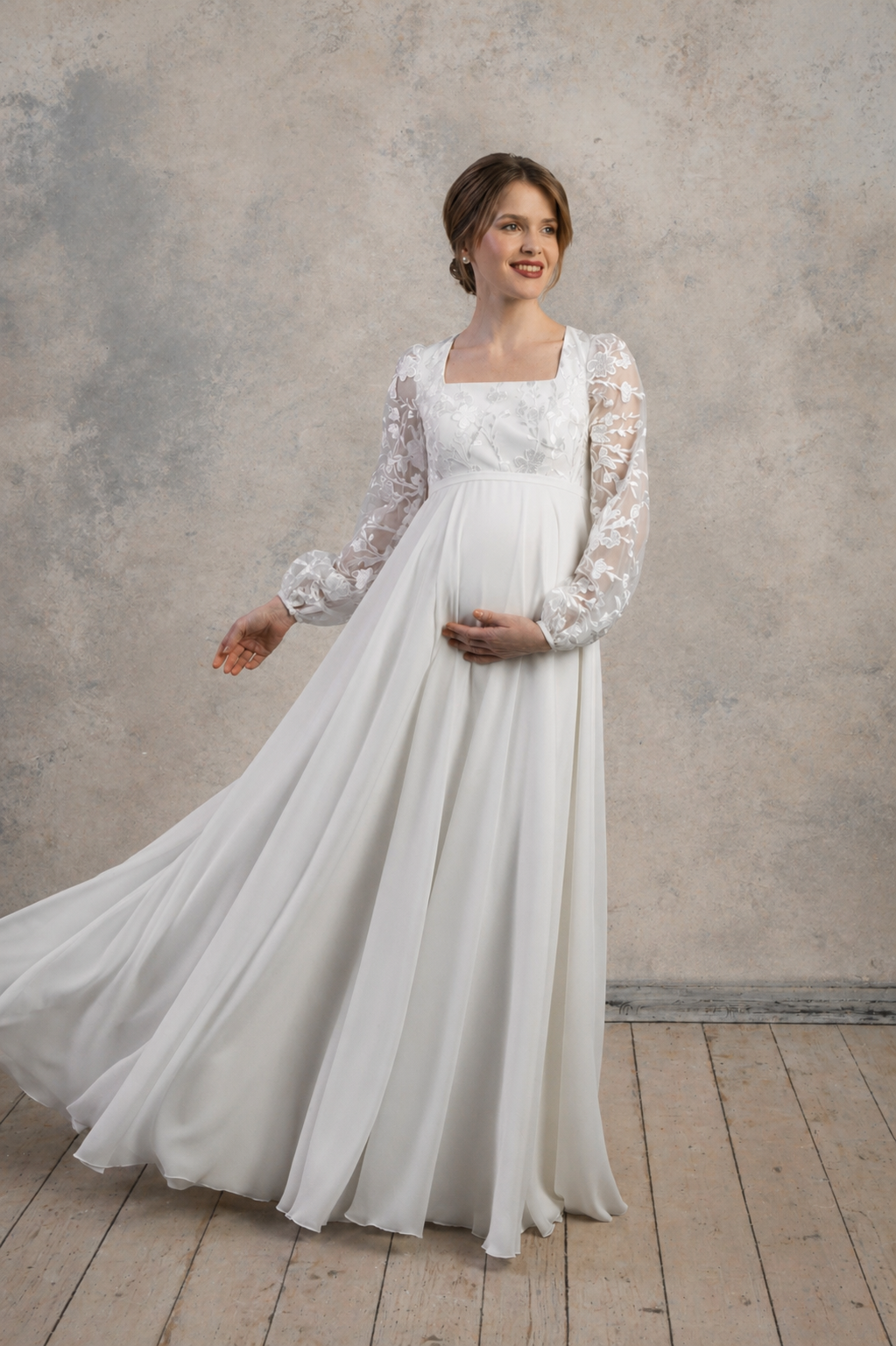 Maternity wedding dress with chiffon skirt