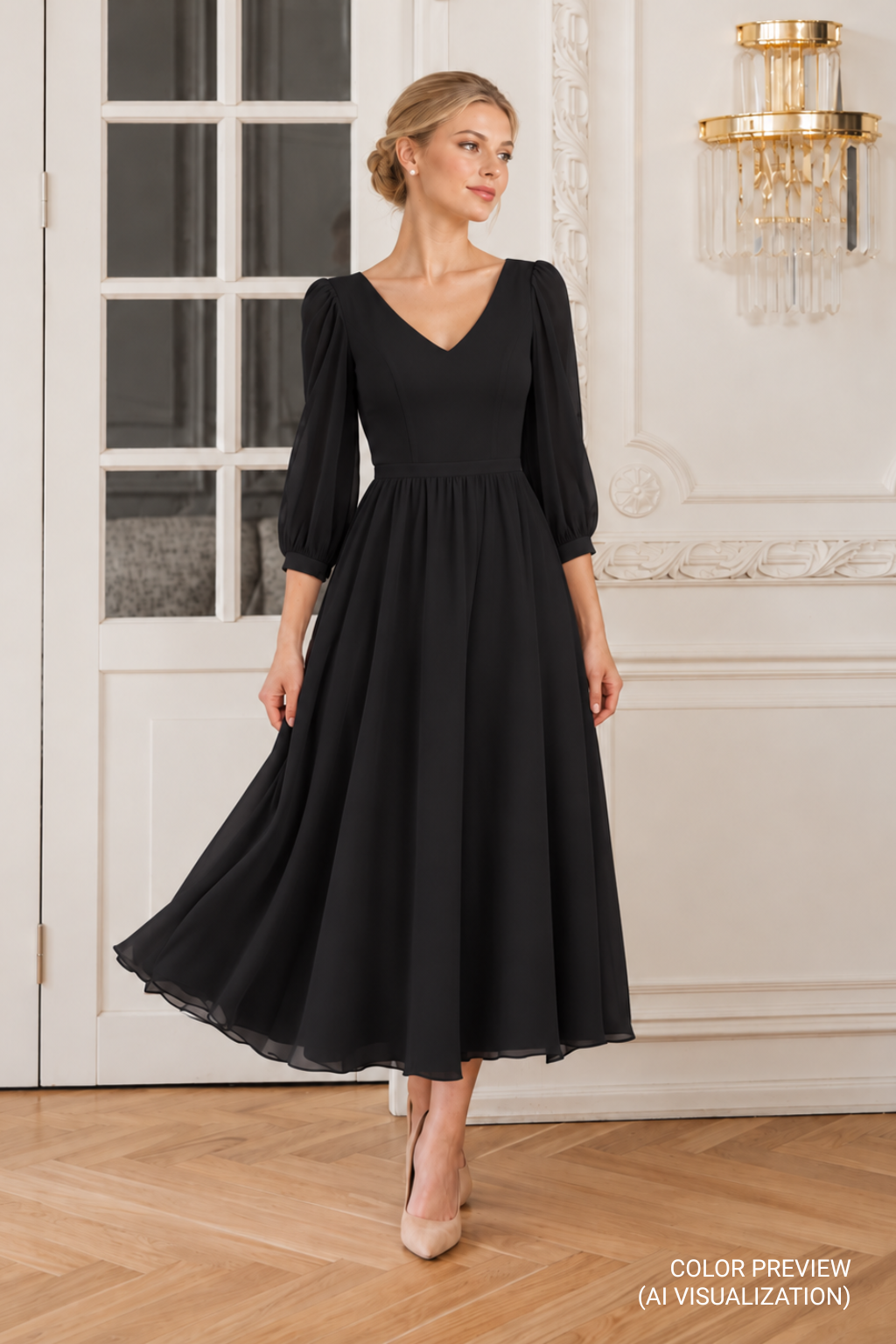 Emma black tea-length chiffon wedding dress with V-neckline, sheer three-quarter sleeves, fitted waist and flowing A-line skirt – digital color preview