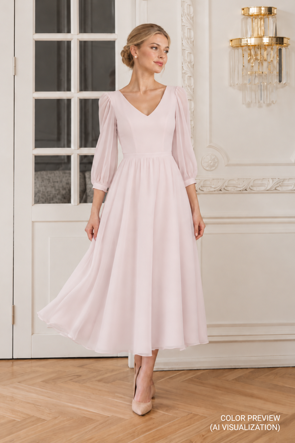 Emma blush pink tea-length chiffon wedding dress with V-neckline, sheer three-quarter sleeves, fitted waist and flowing A-line skirt – digital color preview