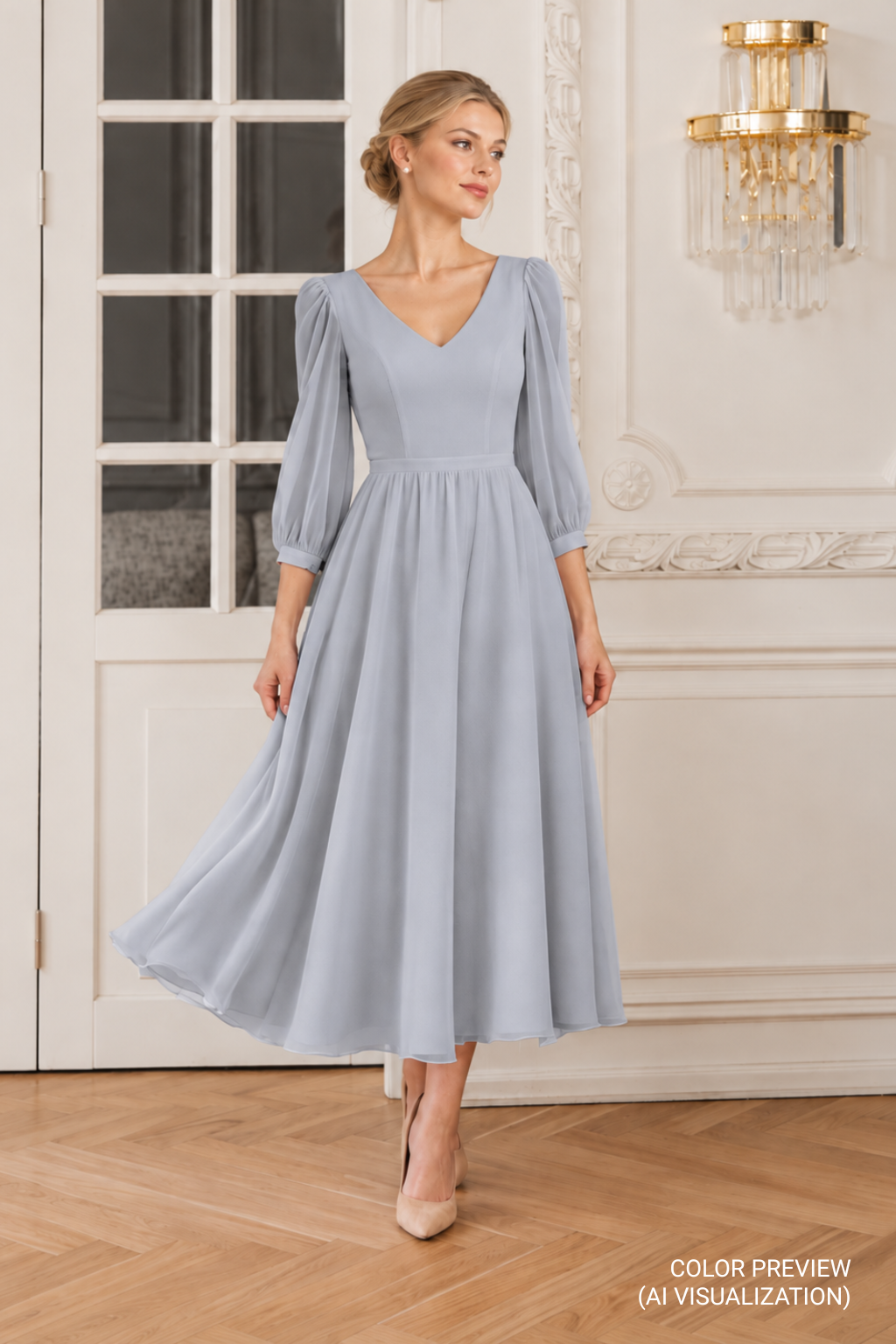 Emma blue grey tea-length chiffon wedding dress with V-neckline, three-quarter sleeves, fitted waist and flowing A-line skirt – digital color preview