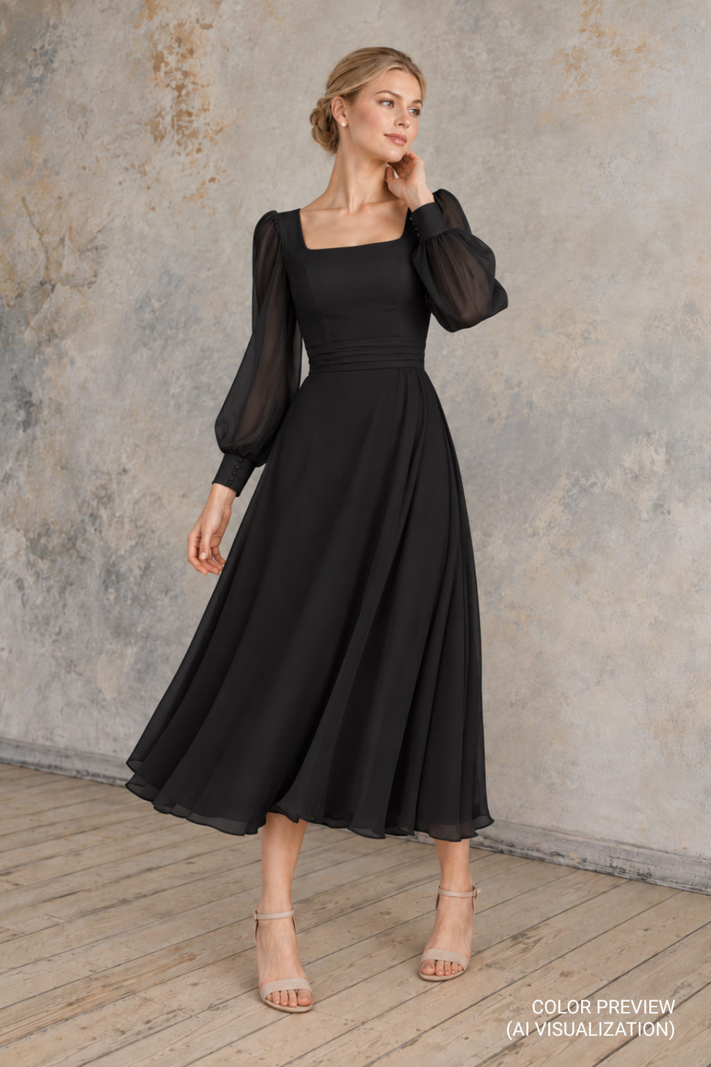 Jasmine black tea-length wedding dress with square neckline, sheer long bishop sleeves, ruched waist and flowing A-line chiffon skirt – digital color preview