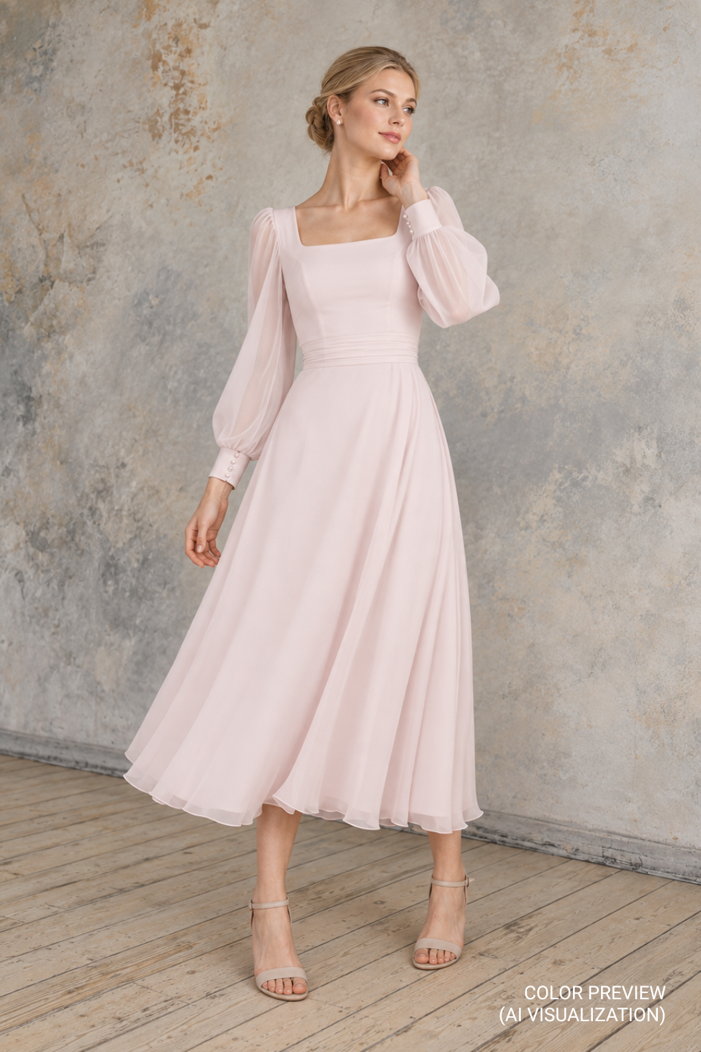 Jasmine blush pink tea-length chiffon wedding dress with square neckline, sheer long bishop sleeves, ruched waist and flowing A-line skirt – digital color preview