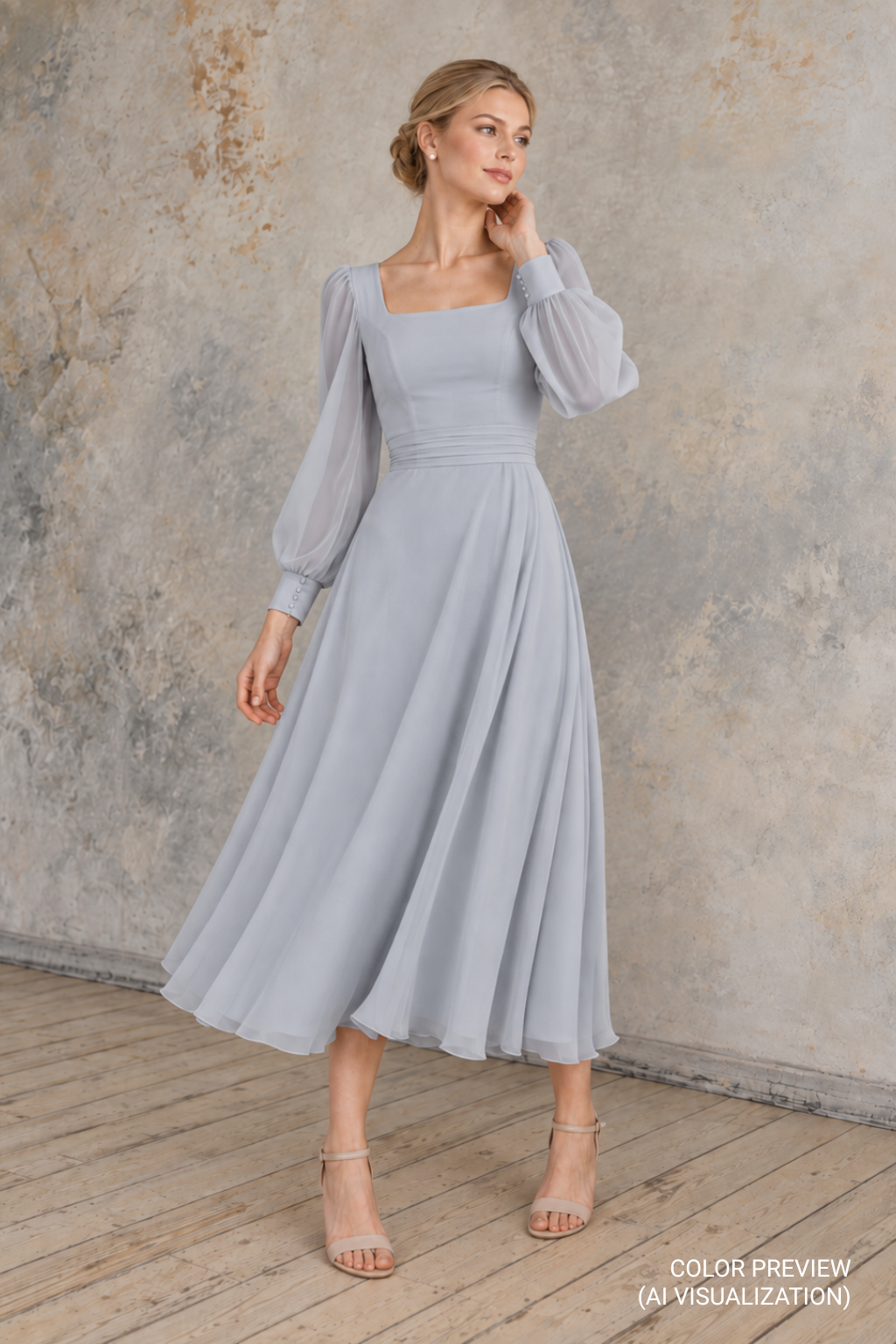 Jasmine light grey tea-length chiffon wedding dress with square neckline, sheer bishop sleeves, ruched waist and flowing A-line skirt – digital color preview