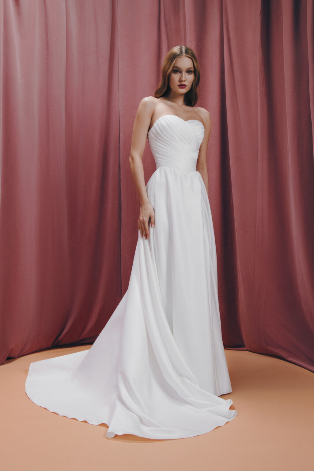 High Slit Sweetheart Pleated Stretch Satin Tailored Dress Burgundy main image 1