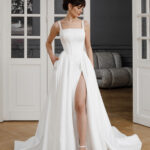 Square Neckline Satin Bridal Gown with Slit - Elara