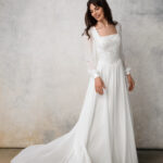 Chiffon Wedding Dress with Basque Waist and Square Neck – Margaret