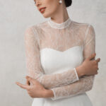 Tea Length Wedding Dress with Lace High Neck and Lace Sleeves – Piper