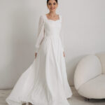 Modest A-Line Wedding Dress with Long Chiffon Sleeves and Embroidered Bodice – Heather
