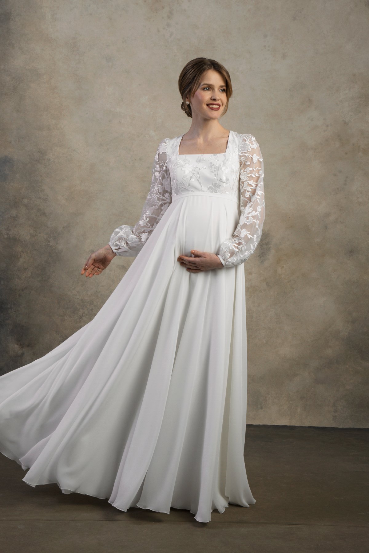 Maternity wedding dress with chiffon skirt