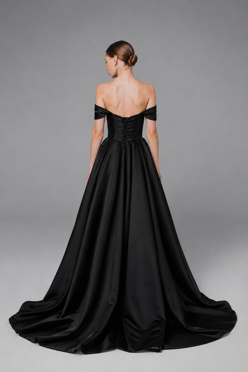 Basque waist black wedding gown with romantic A-line skirt