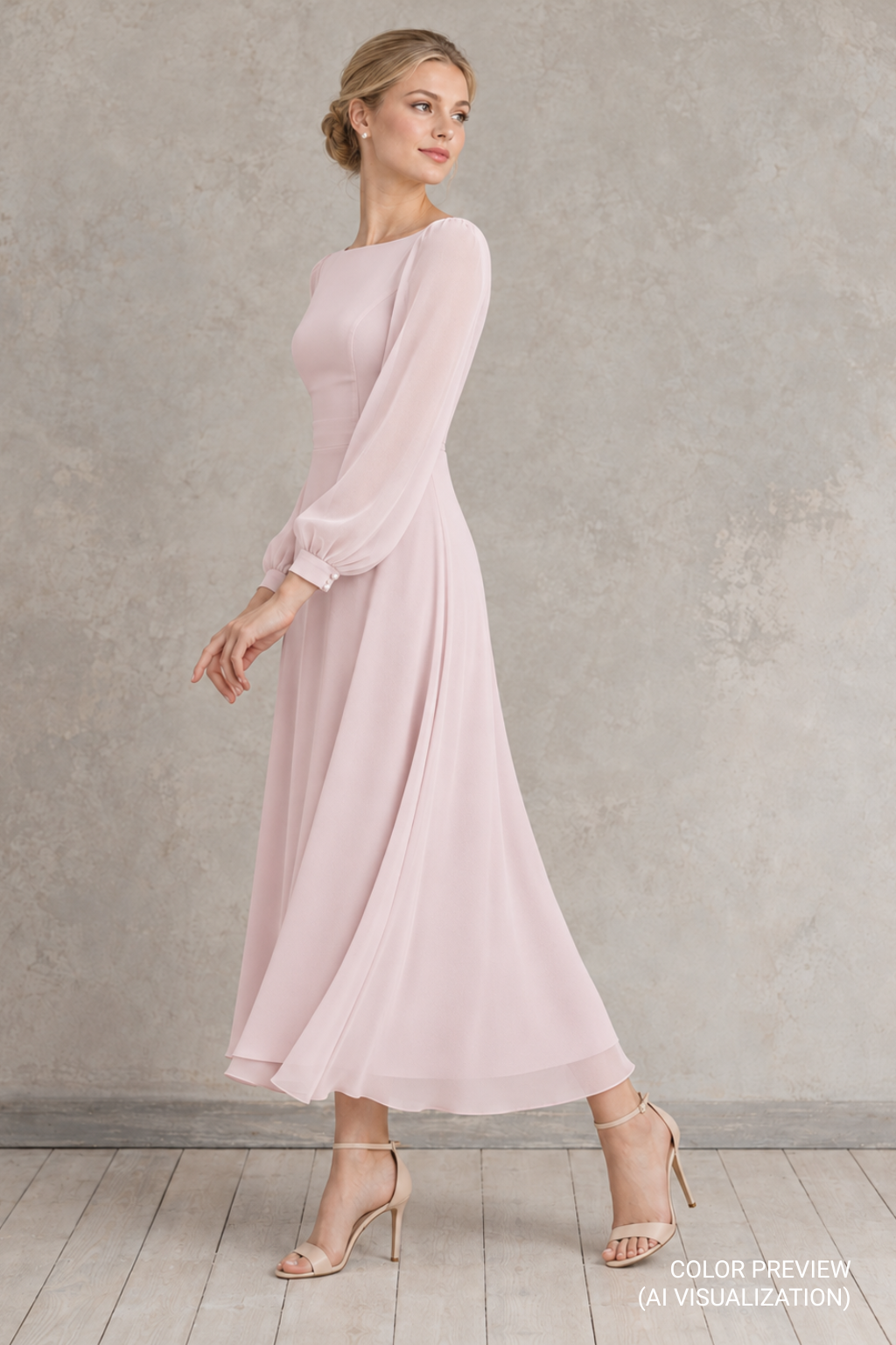 Evita blush pink tea-length chiffon wedding dress with sheer long sleeves, bateau neckline and flowing A-line skirt – digital color preview