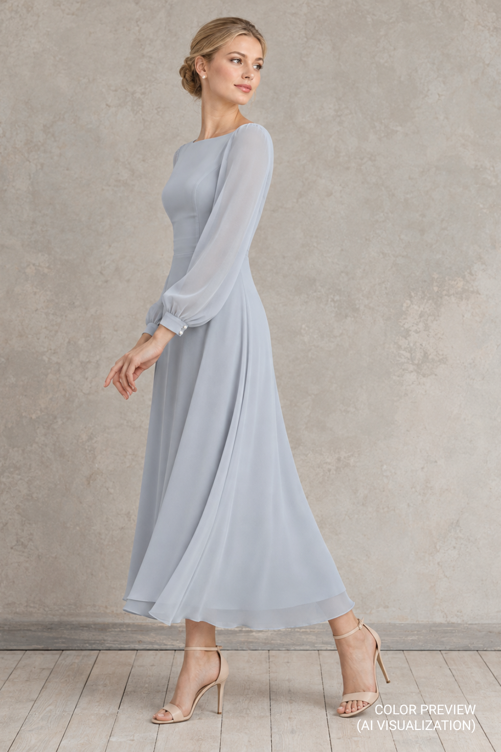 Evita light grey tea-length chiffon wedding dress with sheer long sleeves, bateau neckline and flowing A-line skirt – digital color preview